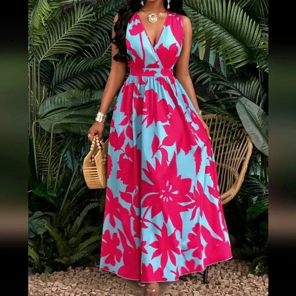 Tropical Print Deep V Neckline Cinched Waist Fit And Flare Dress - Picture 1 of 6